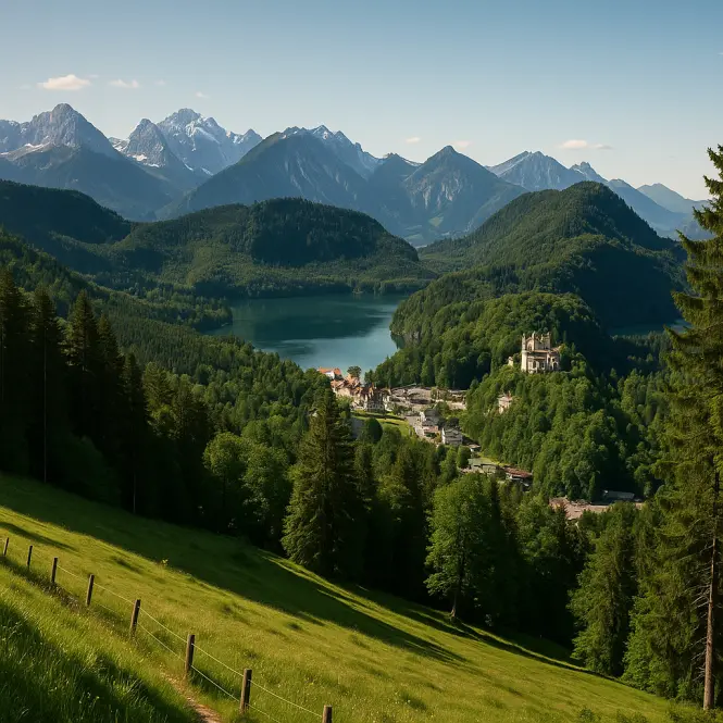 Alpenpanorama mit grünen Wiesen im Allgäu