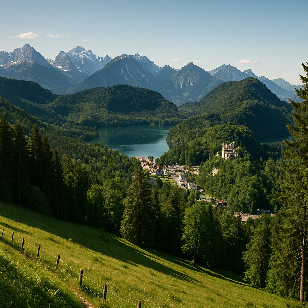 Alpenpanorama mit grünen Wiesen im Allgäu