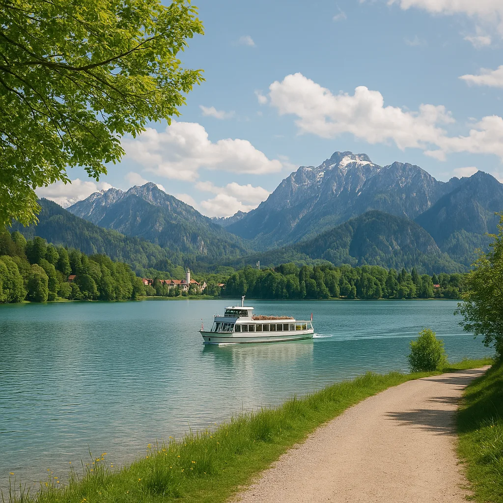 Forggensee – Bayerns fünftgrößter See mit Rundweg und Dampferrundfahrten.