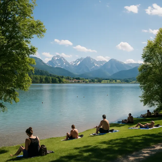 Hopfensee – Sonniger Badesee bei Füssen mit Blick auf die Allgäuer Alpen.