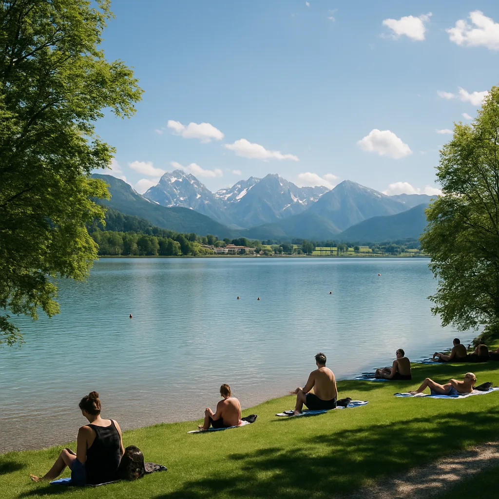 Hopfensee – Sonniger Badesee bei Füssen mit Blick auf die Allgäuer Alpen.