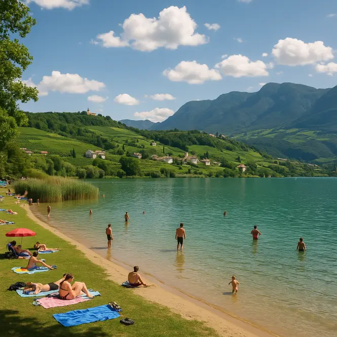 Kalterer See – Der wärmste Badesee der Alpen mit flachem Ufer und Weinbergblick.