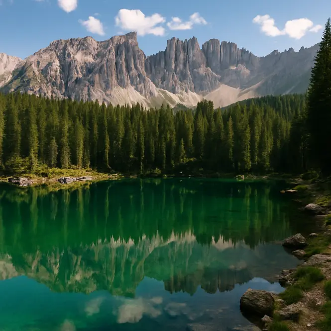 Karersee – Smaragdgrüner Bergsee mit Spiegelbild des Latemar.