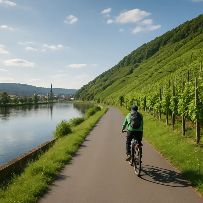 Mosel-Radweg bei Trier – Flacher Radweg entlang der Mosel durch Weinberge.