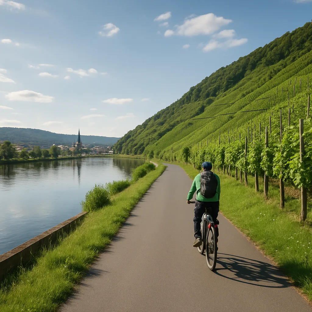 Mosel-Radweg bei Trier – Flacher Radweg entlang der Mosel durch Weinberge.