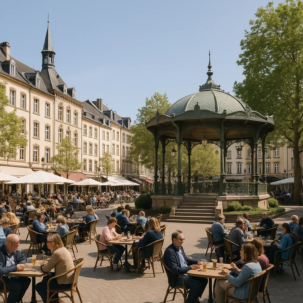 Place d'Armes – Lebendiger Hauptplatz mit Cafés und Musikpavillon.