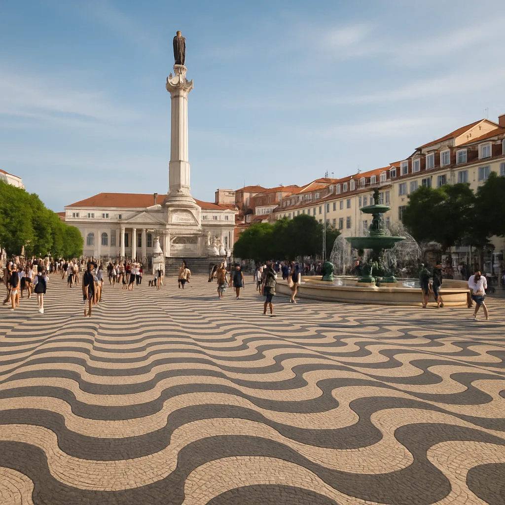 Praça do Rossio – Lebendiger Platz mit wellenförmigem Pflastermuster.