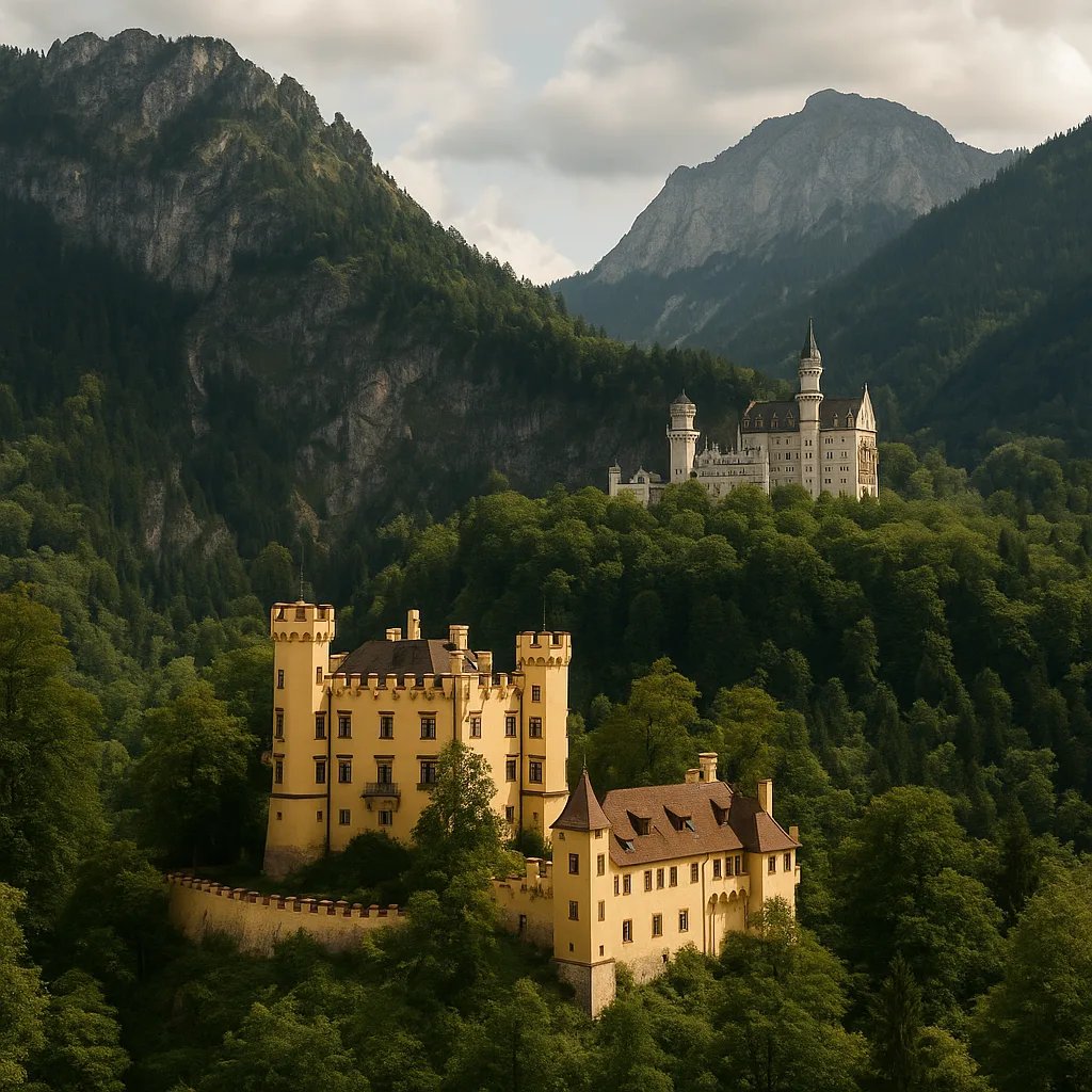 Schloss Hohenschwangau – Gelbes Schloss der Wittelsbacher mit Blick auf Neuschwanstein.