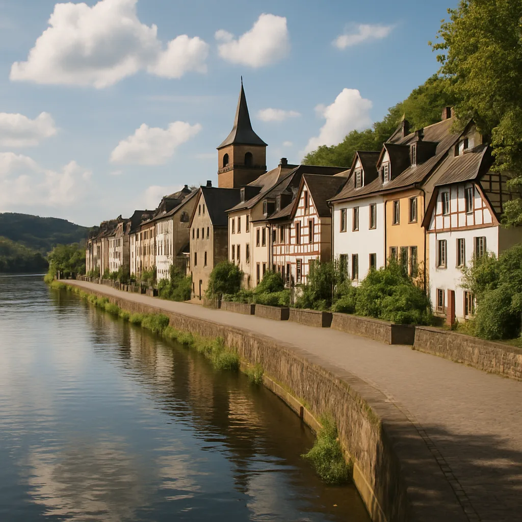 Zurlaubener Ufer – Malerische Uferpromenade mit Fischerhäusern an der Mosel.